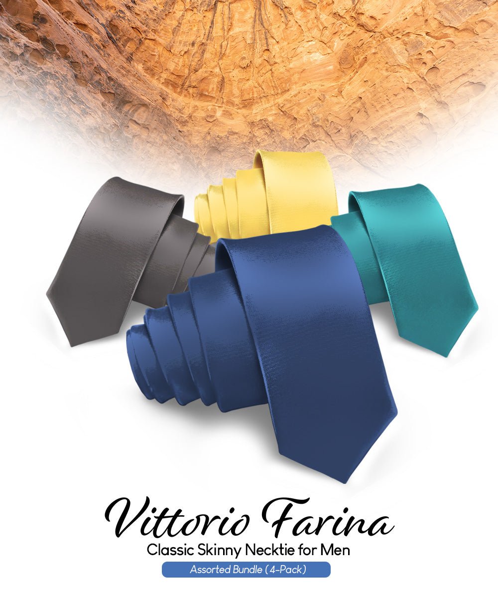 Vittorio Farina Men's Satin Skinny Necktie (Multipack) - Blue/Charcoal/Teal Blue/Yellow - Necktie - Vittorio Farina