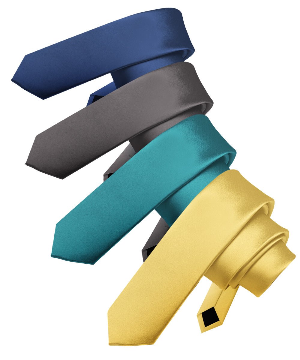 Vittorio Farina Men's Satin Skinny Necktie (Multipack) - Blue/Charcoal/Teal Blue/Yellow - Necktie - Vittorio Farina