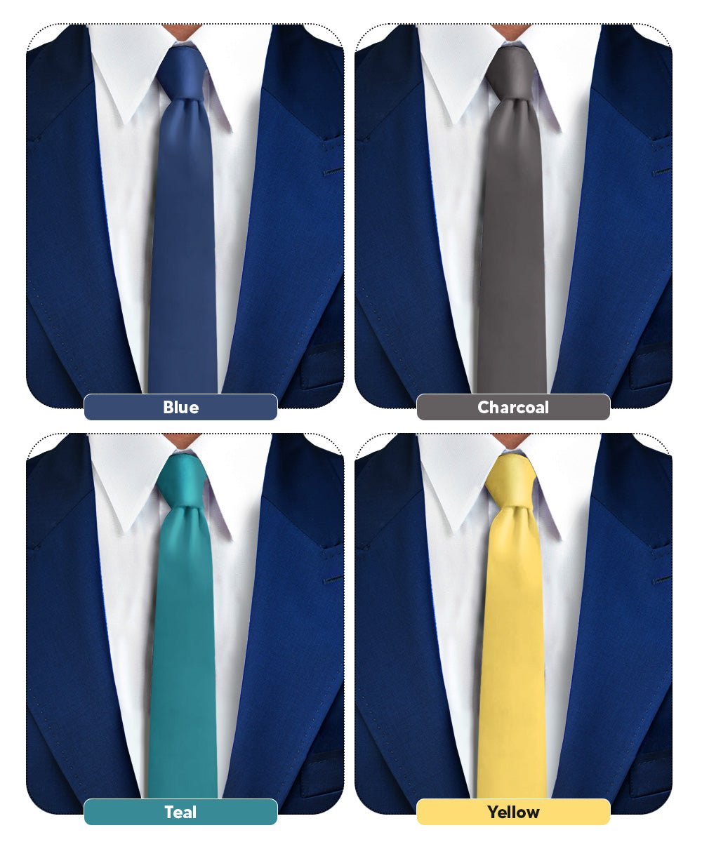 Vittorio Farina Men's Satin Skinny Necktie (Multipack) - Blue/Charcoal/Teal Blue/Yellow - Necktie - Vittorio Farina