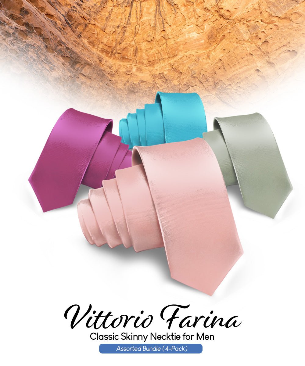 Vittorio Farina Men's Satin Skinny Necktie (Multipack) - Blush/Plum/Sage Green/Turquioise - Necktie - Vittorio Farina