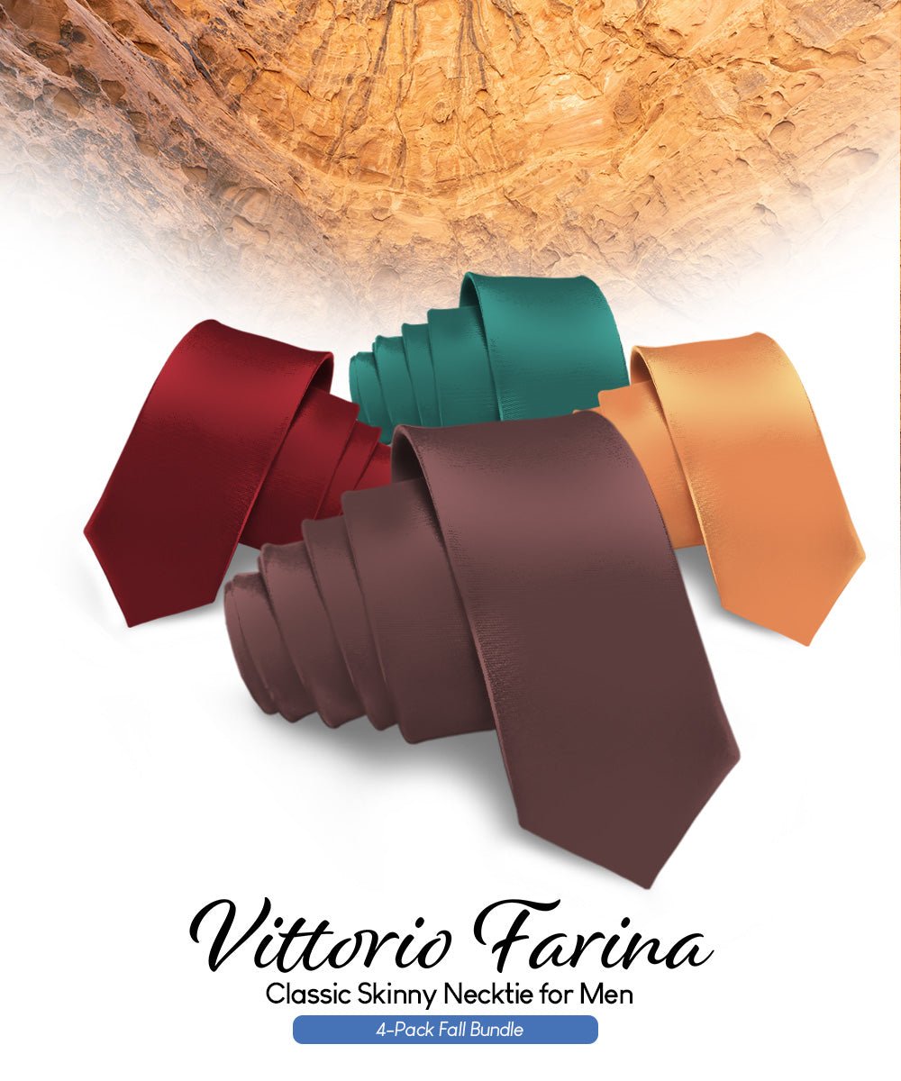 Vittorio Farina Men's Satin Skinny Necktie (Multipack) - Brown/Burgundy/Burnt Orange/Hunter Green - Necktie - Vittorio Farina