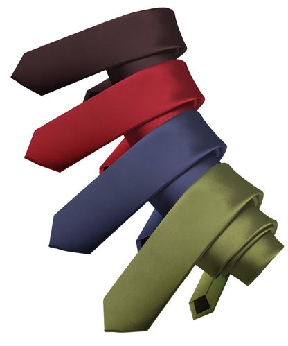 Vittorio Farina Men's Satin Skinny Necktie (Multipack) - Brown/Burgundy/Navy Blue/Olive Green - Necktie - Vittorio Farina