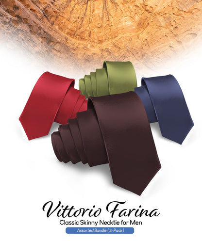 Vittorio Farina Men's Satin Skinny Necktie (Multipack) - Brown/Burgundy/Navy Blue/Olive Green - Necktie - Vittorio Farina