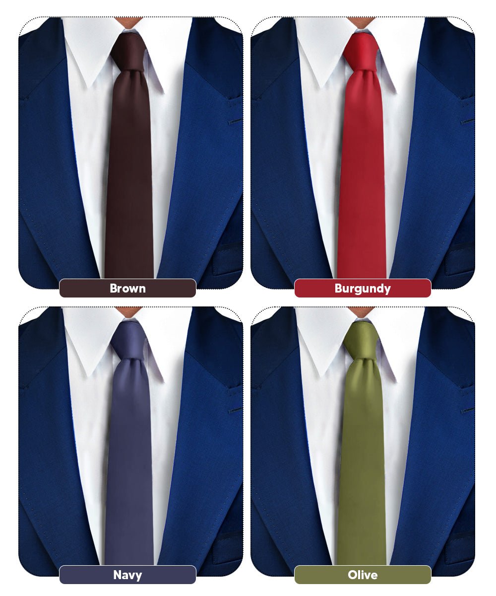 Vittorio Farina Men's Satin Skinny Necktie (Multipack) - Brown/Burgundy/Navy Blue/Olive Green - Necktie - Vittorio Farina