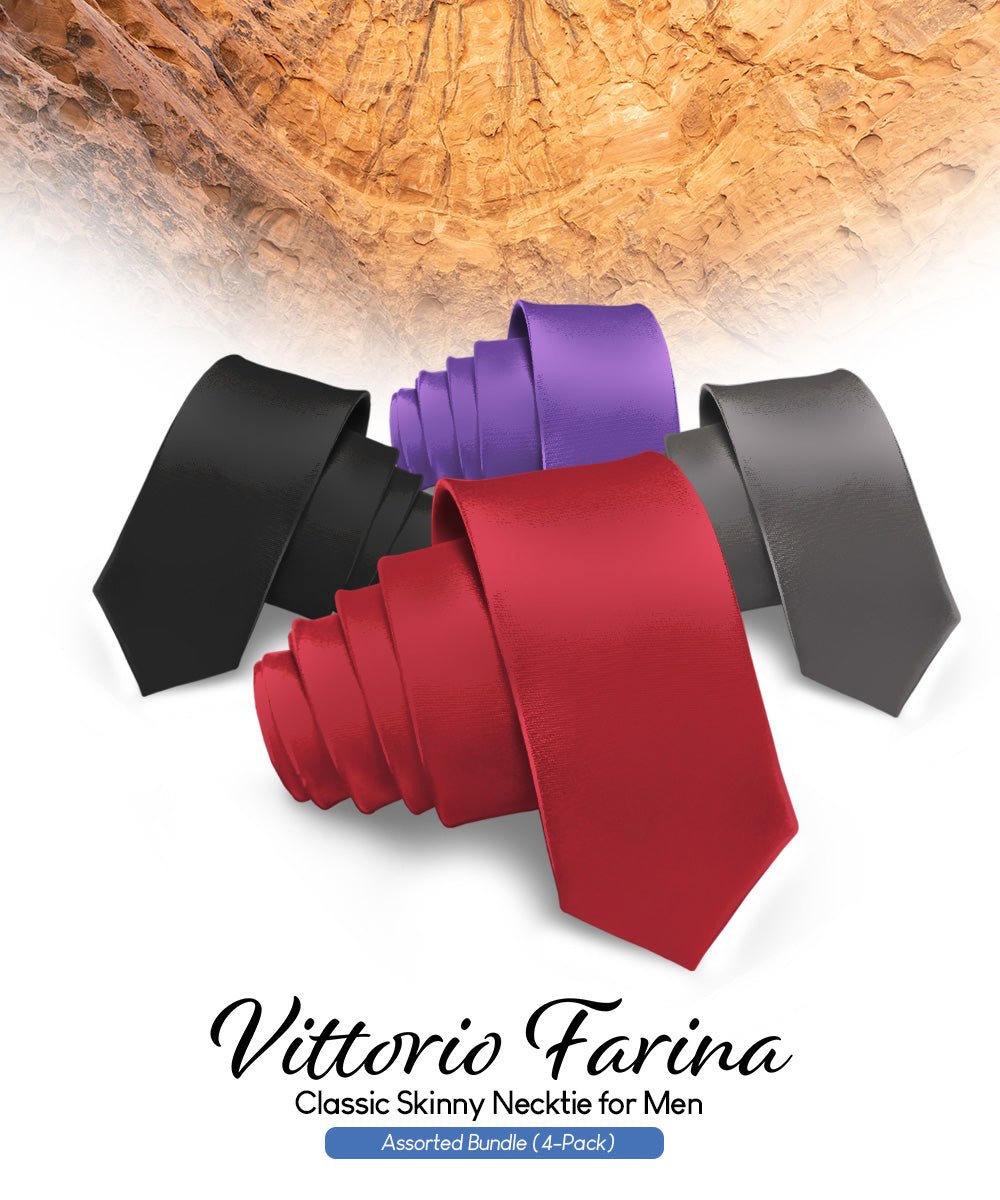 Vittorio Farina Men's Satin Skinny Necktie (Multipack) - Burgundy/Charcoal/Navy Blue/Purple - Necktie - Vittorio Farina