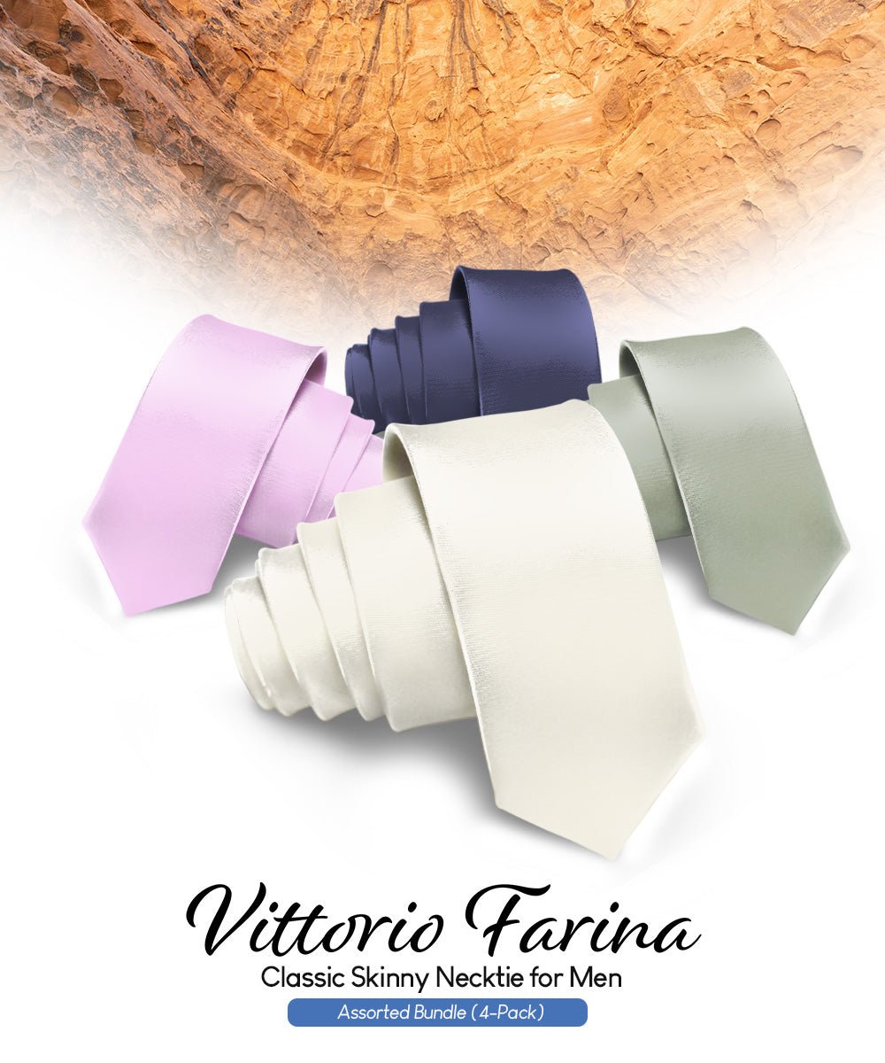 Vittorio Farina Men's Satin Skinny Necktie (Multipack) - Ivory/Lavender/Navy Blue/Sage Green - Necktie - Vittorio Farina