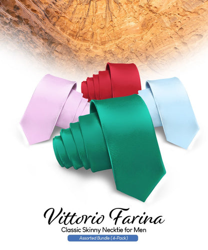 Vittorio Farina Men's Satin Skinny Necktie (Multipack) - Kelly Green/Lavender/Sky Blue/Wine - Necktie - Vittorio Farina