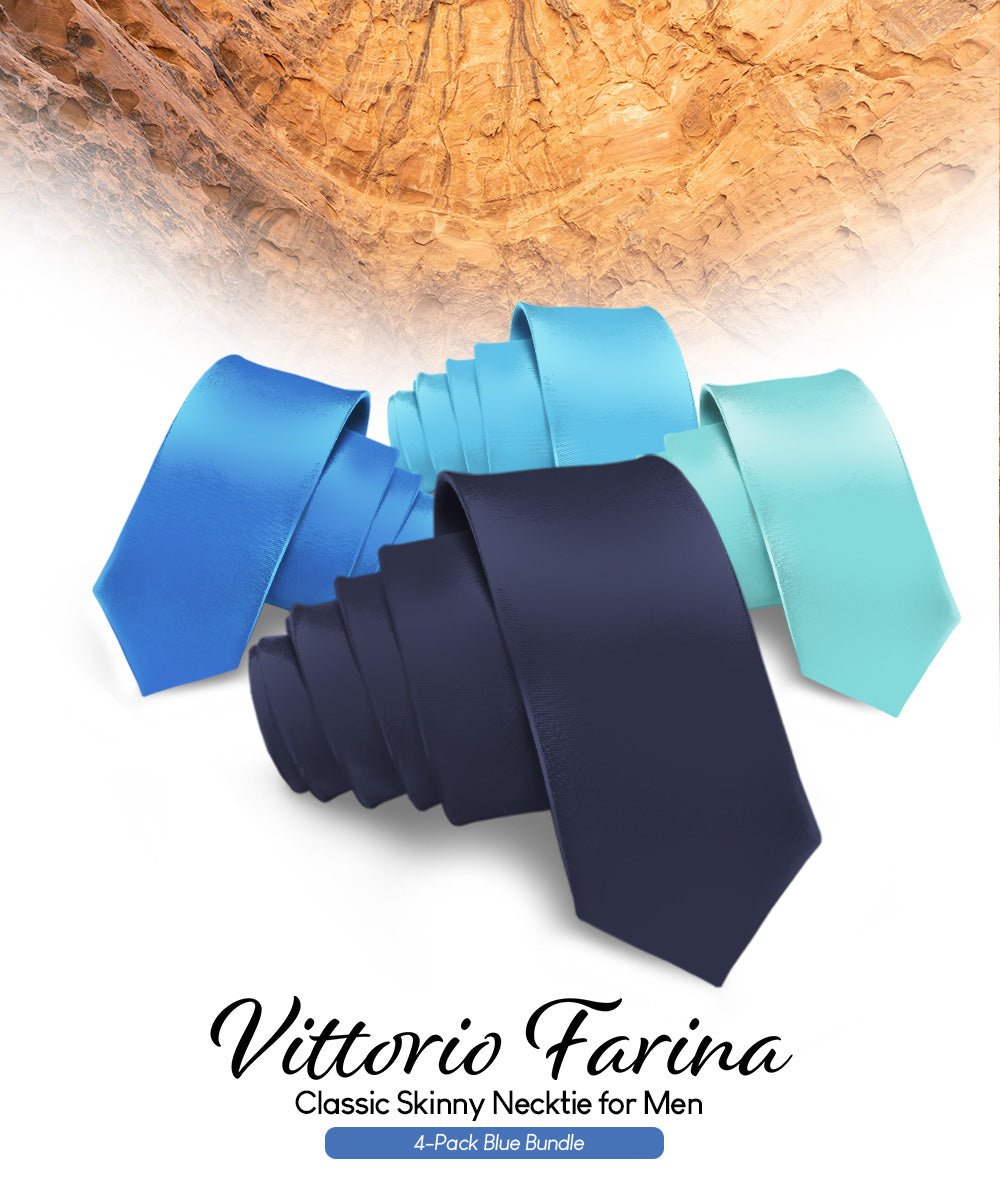Vittorio Farina Men's Satin Skinny Necktie (Multipack) - Navy Blue/Royal Blue/Aqua/Turquoise - Necktie - Vittorio Farina