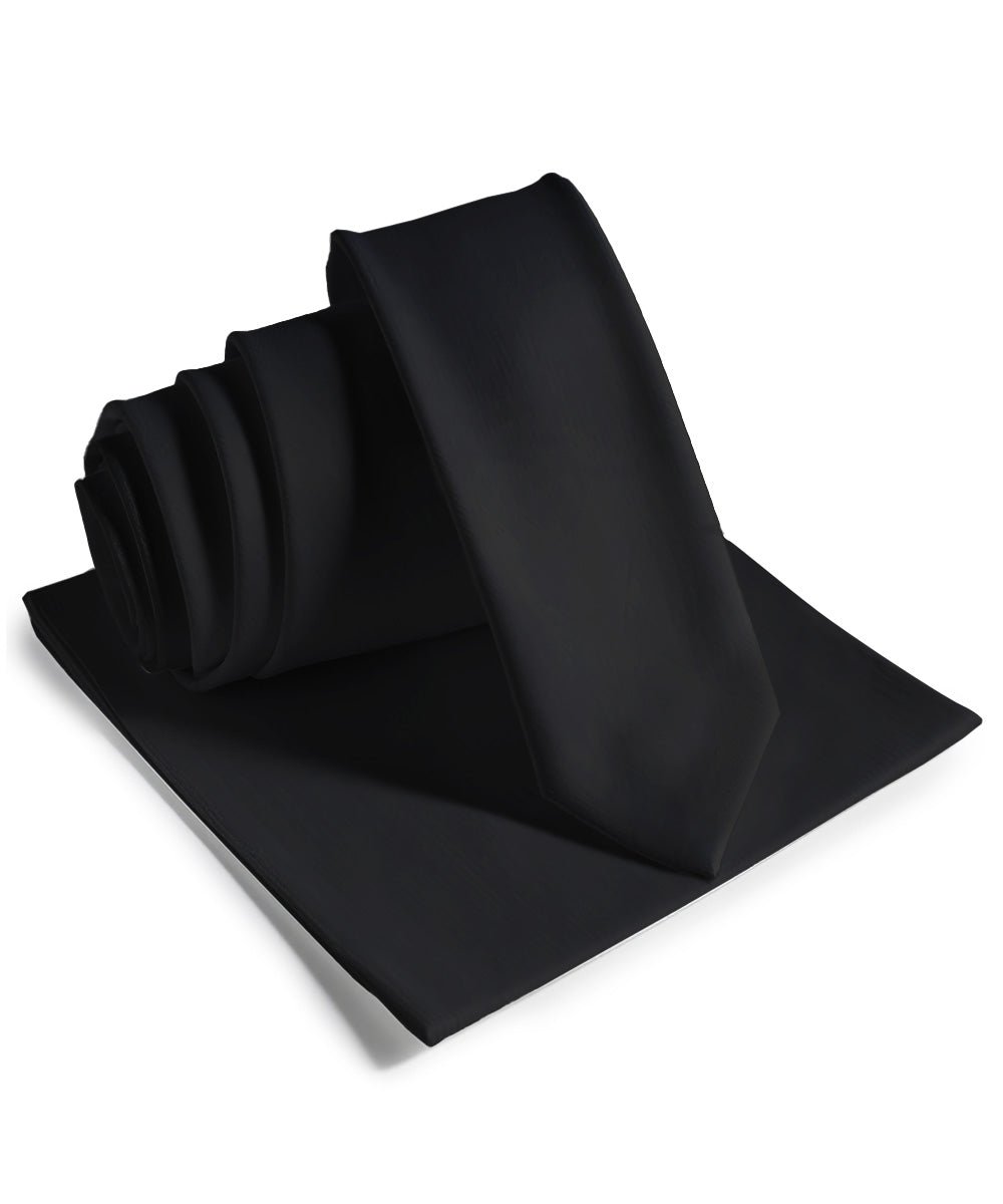Vittorio Farina Men's Satin Skinny Necktie & Pocket Square - Black - Necktie & Pocket Square - Vittorio Farina