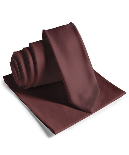 Vittorio Farina Men's Satin Skinny Necktie & Pocket Square - Brown - Necktie & Pocket Square - Vittorio Farina