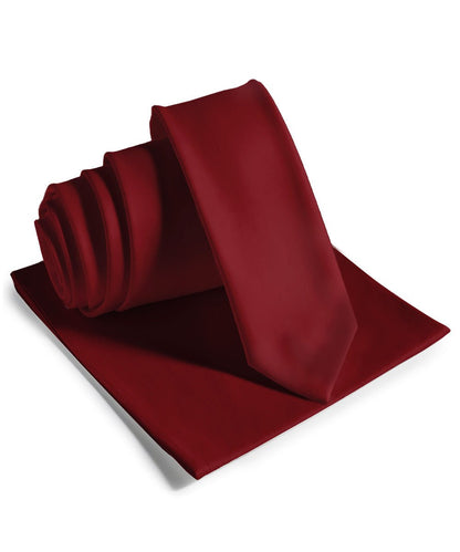 Vittorio Farina Men's Satin Skinny Necktie & Pocket Square - Burgundy - Necktie & Pocket Square - Vittorio Farina