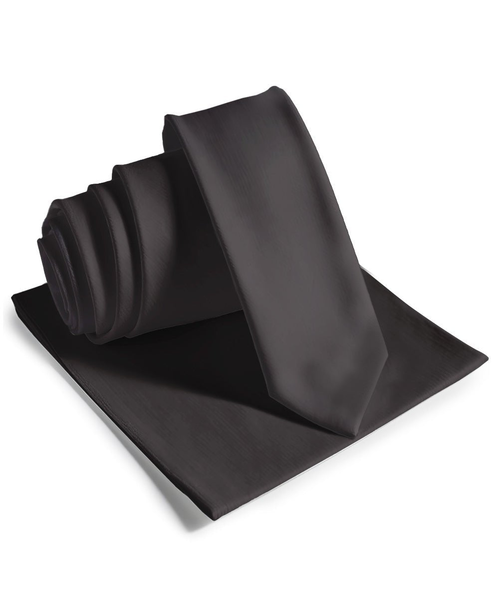Vittorio Farina Men's Satin Skinny Necktie & Pocket Square - Charcoal - Necktie & Pocket Square - Vittorio Farina