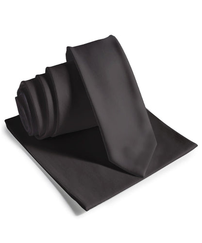 Vittorio Farina Men's Satin Skinny Necktie & Pocket Square - Charcoal - Necktie & Pocket Square - Vittorio Farina