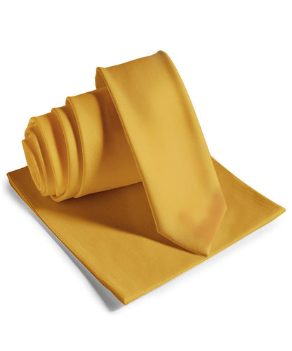 Vittorio Farina Men's Satin Skinny Necktie & Pocket Square - Gold - Necktie & Pocket Square - Vittorio Farina