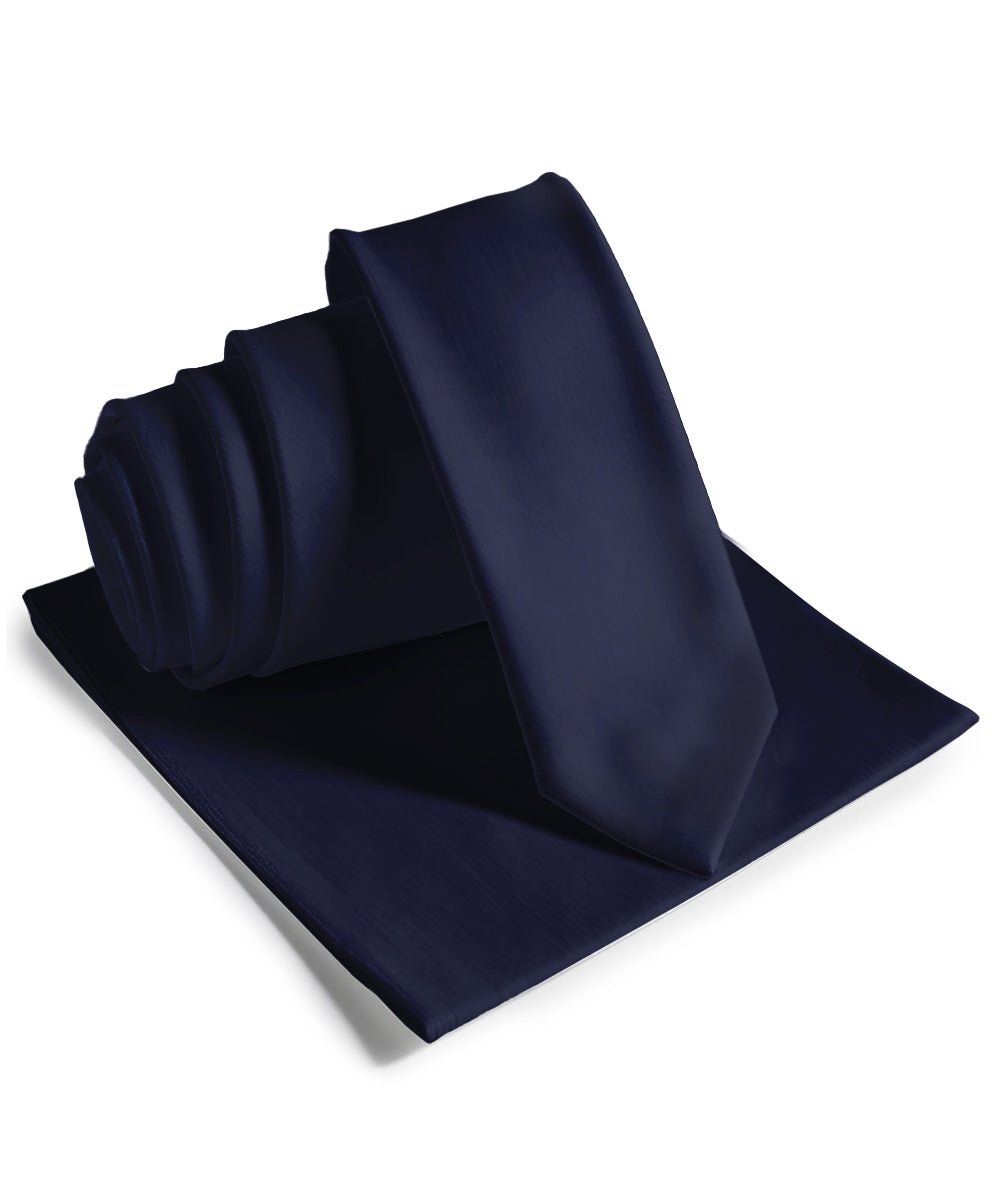 Vittorio Farina Men's Satin Skinny Necktie & Pocket Square - Navy Blue - Necktie & Pocket Square - Vittorio Farina