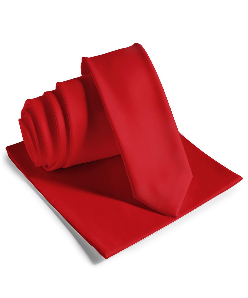 Vittorio Farina Men's Satin Skinny Necktie & Pocket Square - Red - Necktie & Pocket Square - Vittorio Farina
