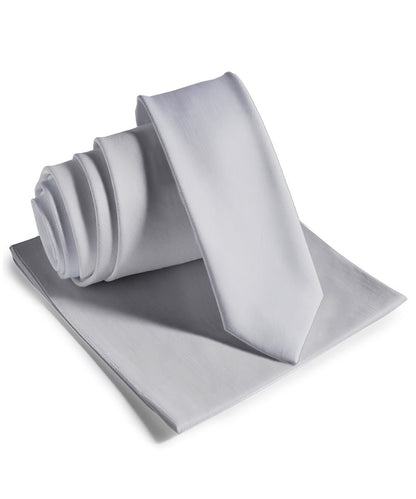 Vittorio Farina Men's Satin Skinny Necktie & Pocket Square - Silver - Necktie & Pocket Square - Vittorio Farina