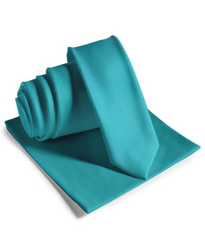 Vittorio Farina Men's Satin Skinny Necktie & Pocket Square - Teal Blue - Necktie & Pocket Square - Vittorio Farina