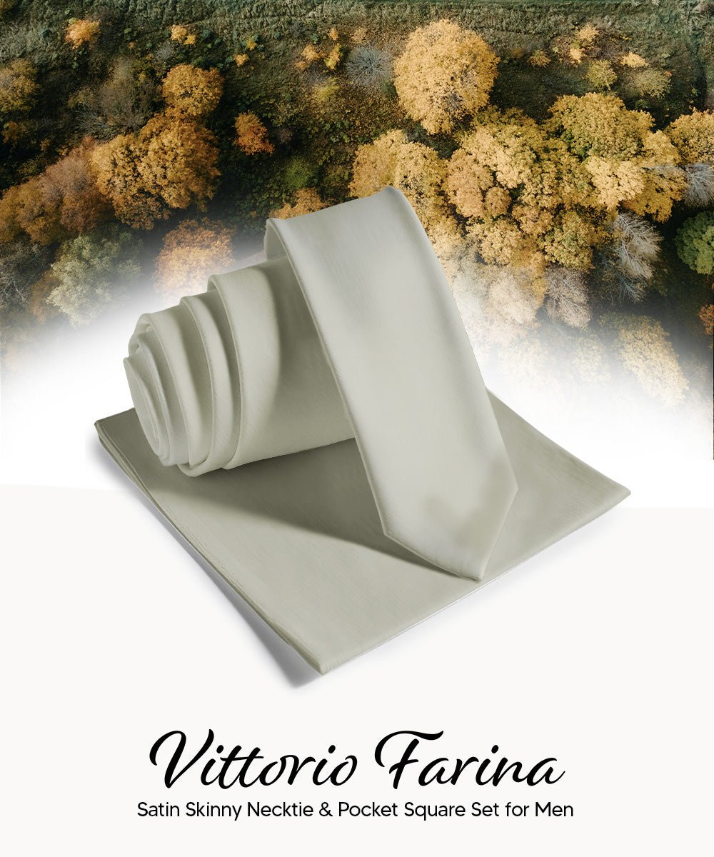 Vittorio Farina Men's Satin Skinny Necktie & Pocket Square - White - Necktie & Pocket Square - Vittorio Farina