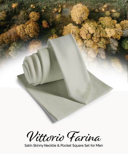 Vittorio Farina Men's Satin Skinny Necktie & Pocket Square - White - Necktie & Pocket Square - Vittorio Farina
