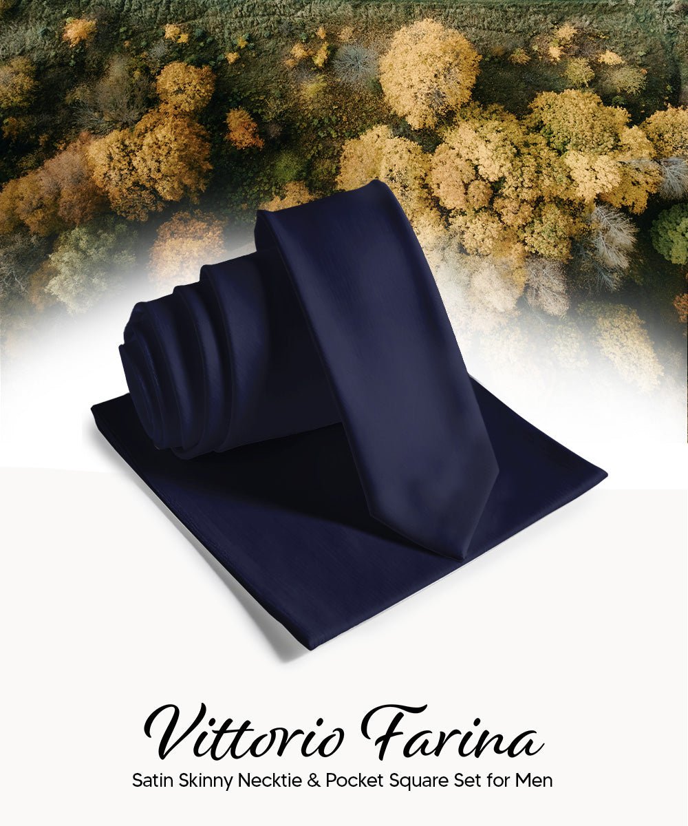 Vittorio Farina Men's Satin Skinny Necktie & Pocket Square - Black - Necktie & Pocket Square - Vittorio Farina