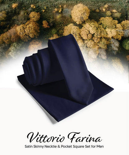 Vittorio Farina Men's Satin Skinny Necktie & Pocket Square - Black - Necktie & Pocket Square - Vittorio Farina