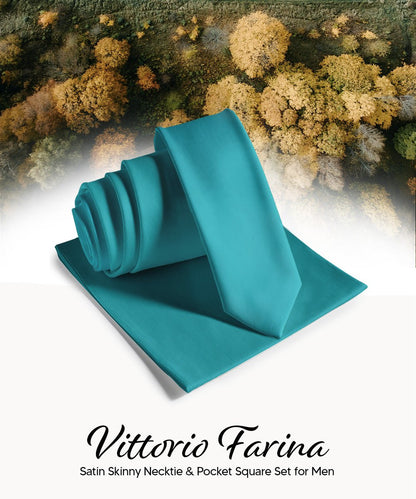 Vittorio Farina Men's Satin Skinny Necktie & Pocket Square - Black - Necktie & Pocket Square - Vittorio Farina