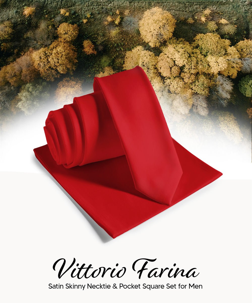 Vittorio Farina Men's Satin Skinny Necktie & Pocket Square - Black - Necktie & Pocket Square - Vittorio Farina