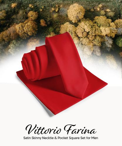 Vittorio Farina Men's Satin Skinny Necktie & Pocket Square - Black - Necktie & Pocket Square - Vittorio Farina