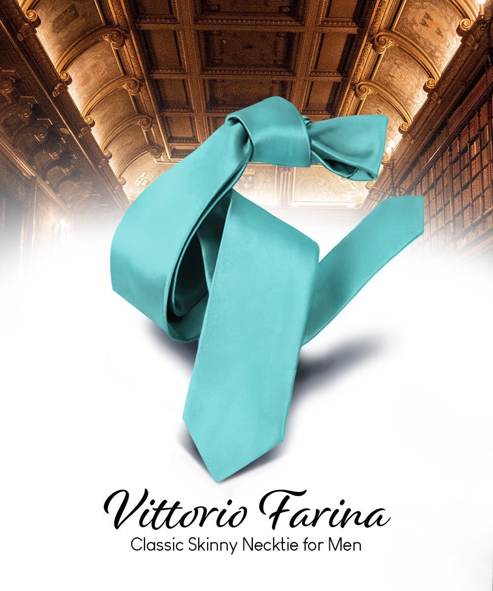 Vittorio Farina Men's Satin Skinny Necktie - Aqua - Necktie - Vittorio Farina