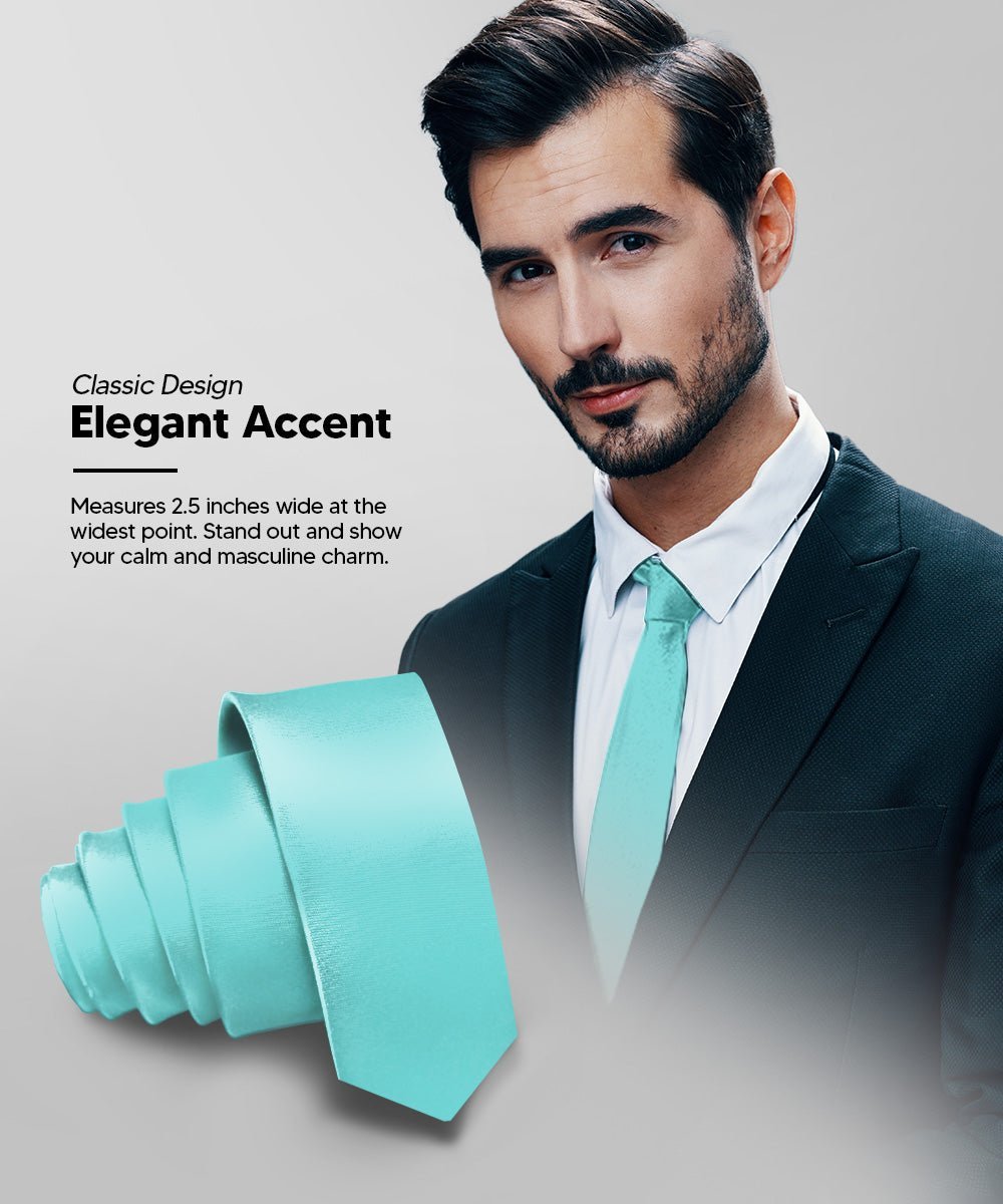 Vittorio Farina Men's Satin Skinny Necktie - Aqua - Necktie - Vittorio Farina
