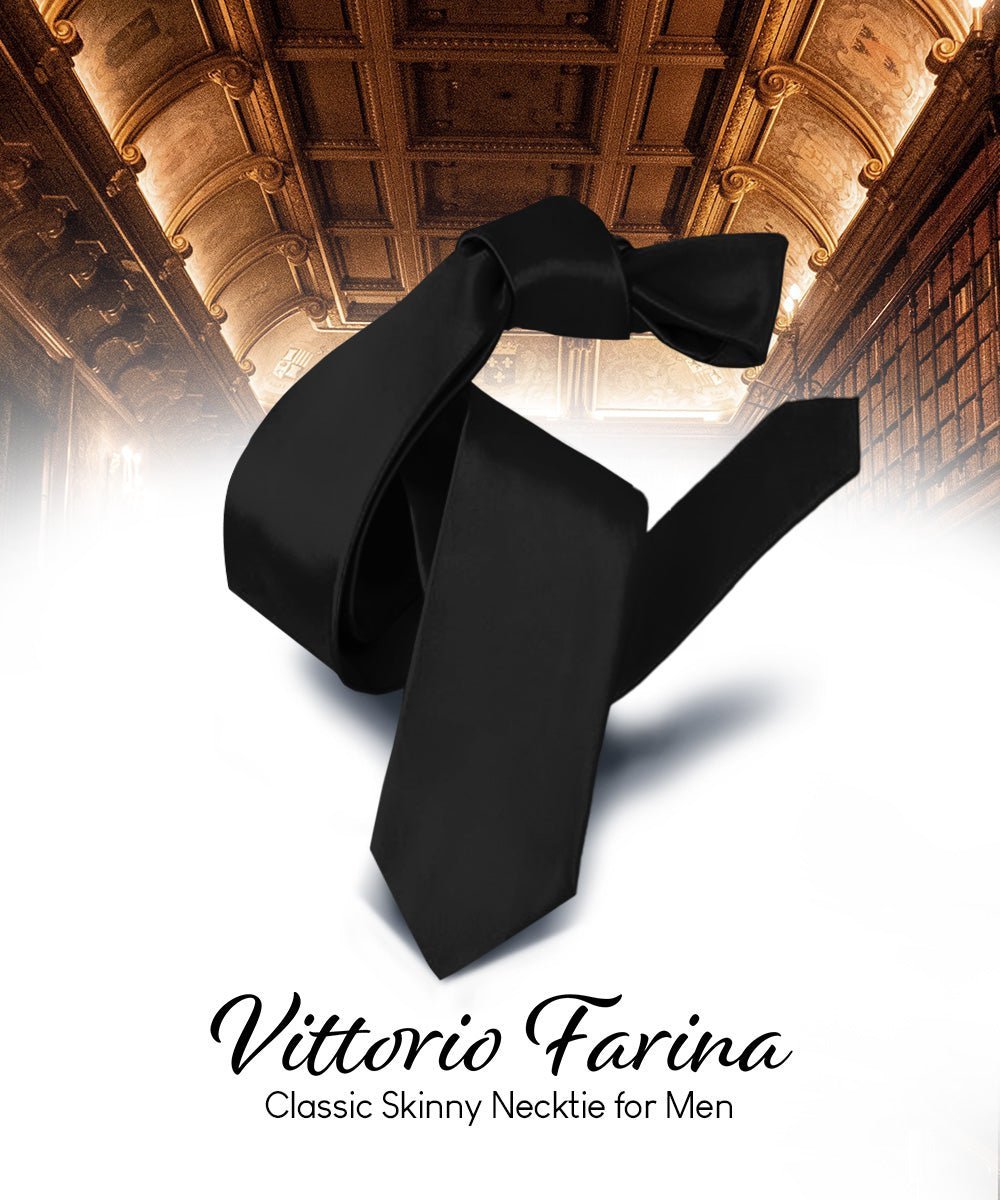 Vittorio Farina Men's Satin Skinny Necktie - Black - Necktie - Vittorio Farina