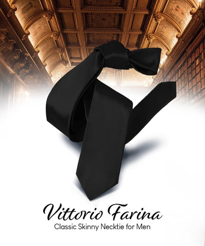 Vittorio Farina Men's Satin Skinny Necktie - Black - Necktie - Vittorio Farina
