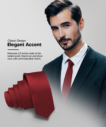 Vittorio Farina Men's Satin Skinny Necktie - Burgundy - Necktie - Vittorio Farina