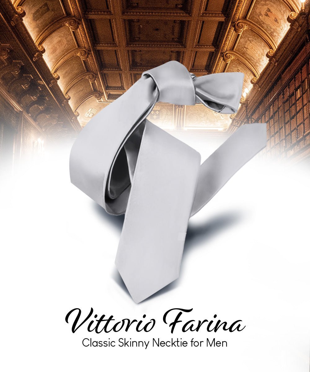 Vittorio Farina Men's Satin Skinny Necktie - Silver - Necktie - Vittorio Farina