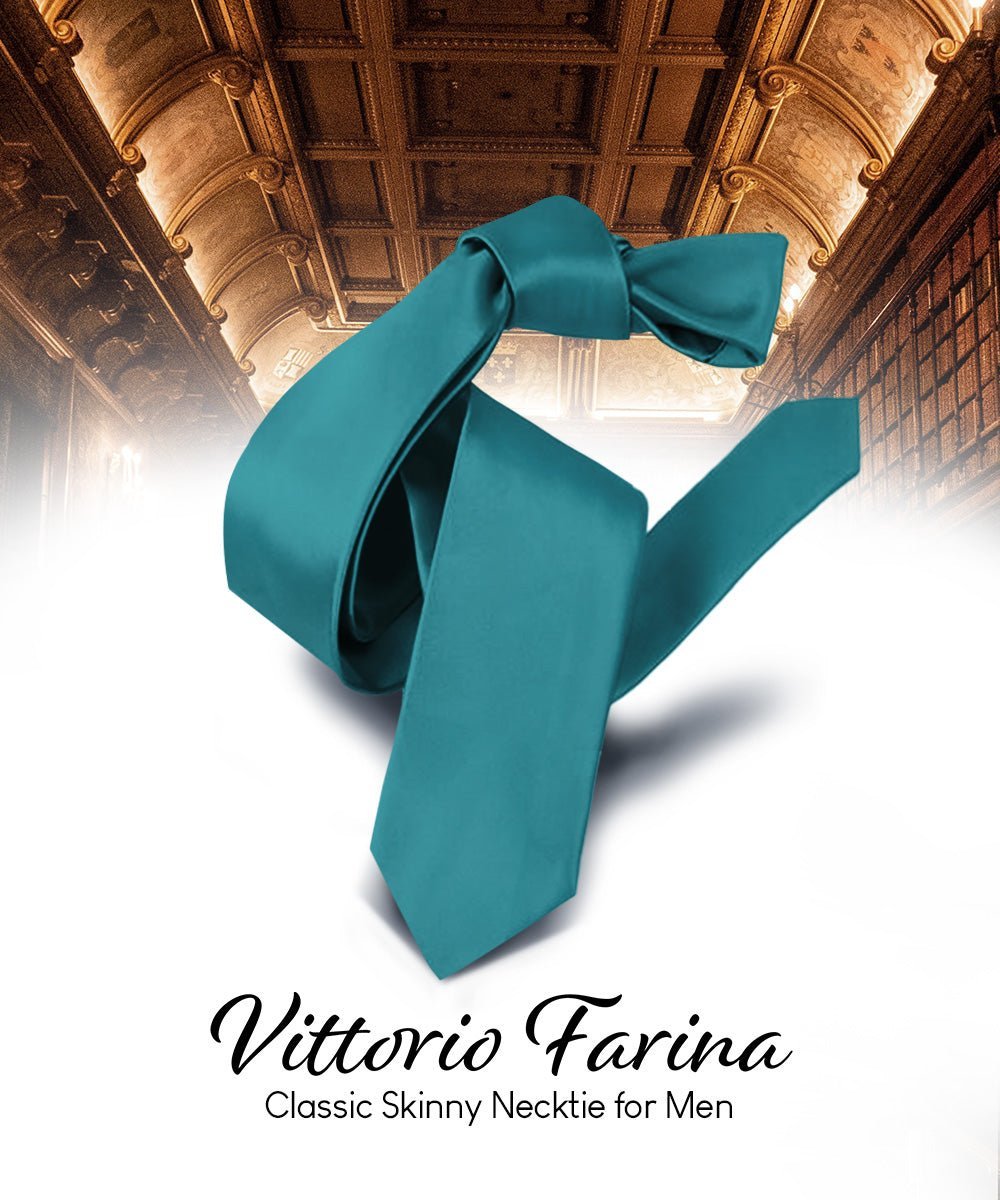 Vittorio Farina Men's Satin Skinny Necktie - Teal Blue - Necktie - Vittorio Farina
