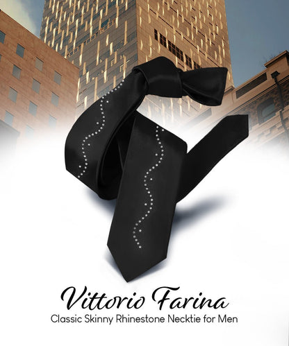 Vittorio Farina Men's Satin Skinny Necktie with Rhinestones - Black - Necktie - Vittorio Farina