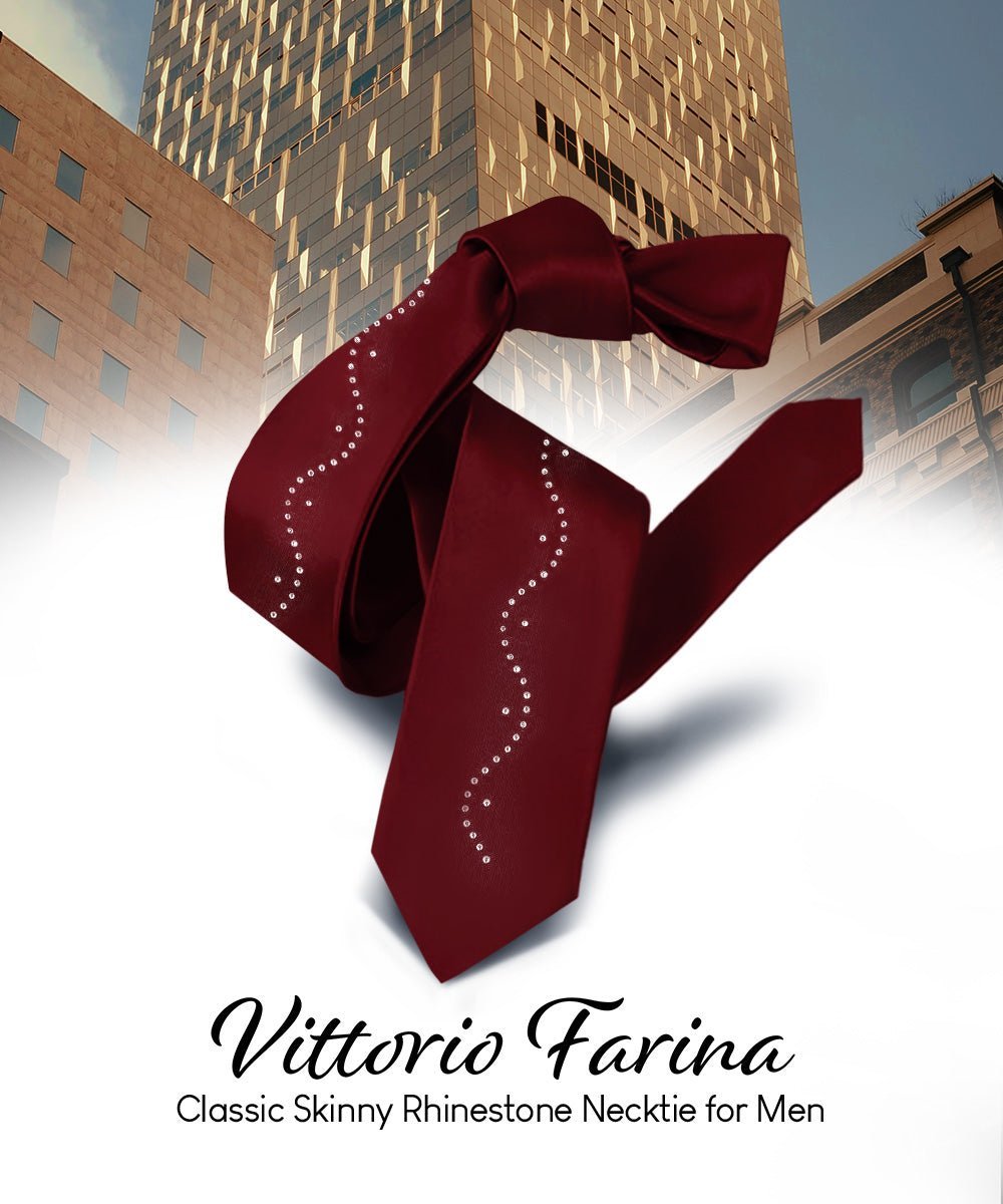 Vittorio Farina Men's Satin Skinny Necktie with Rhinestones - Burgundy - Necktie - Vittorio Farina