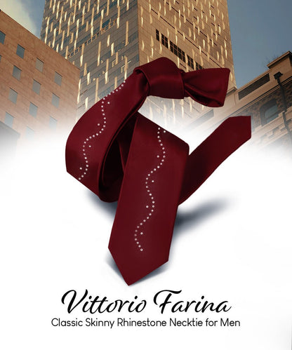 Vittorio Farina Men's Satin Skinny Necktie with Rhinestones - Burgundy - Necktie - Vittorio Farina