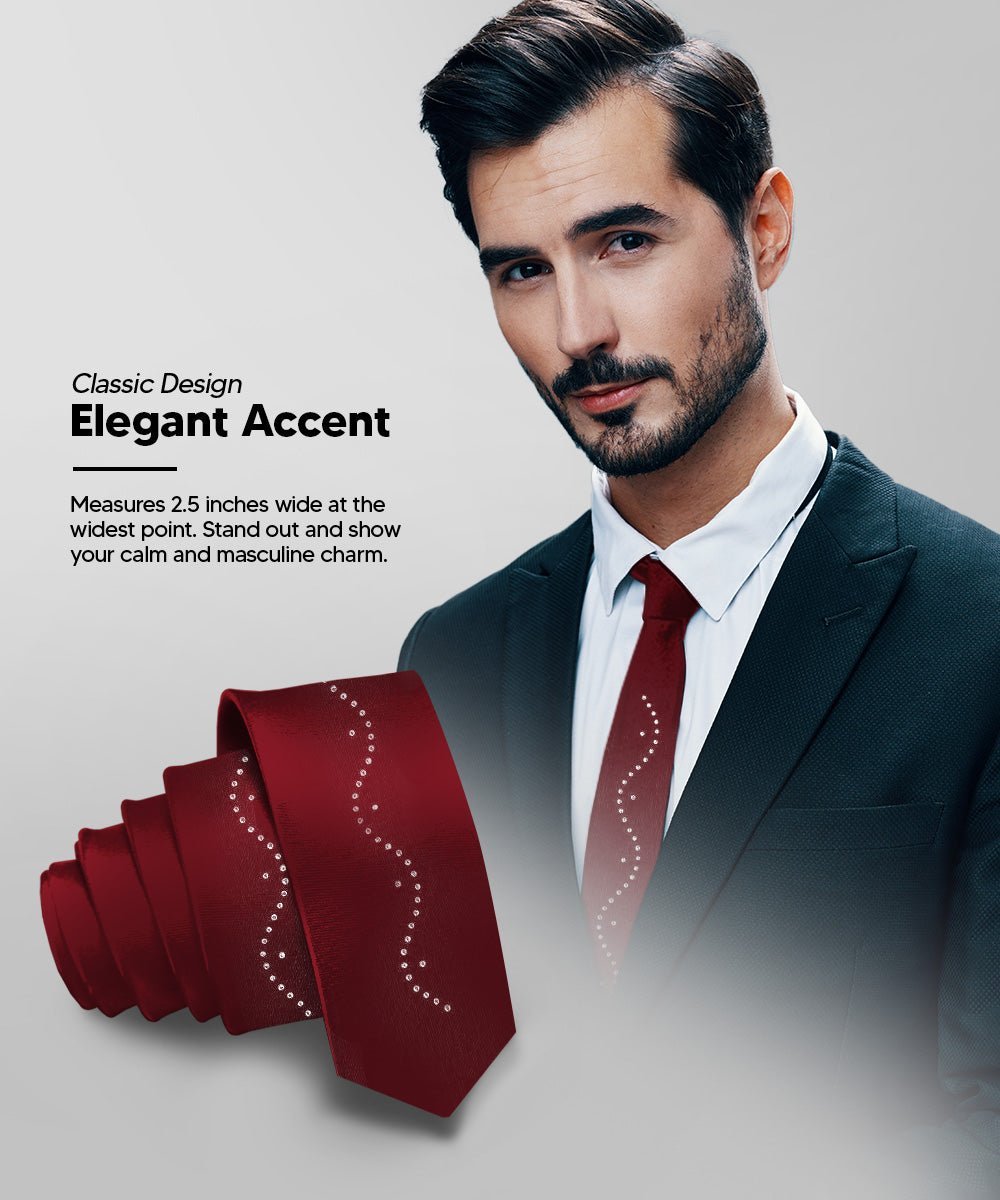 Vittorio Farina Men's Satin Skinny Necktie with Rhinestones - Burgundy - Necktie - Vittorio Farina