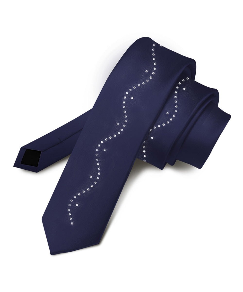 Vittorio Farina Men's Satin Skinny Necktie with Rhinestones - Navy Blue - Necktie - Vittorio Farina