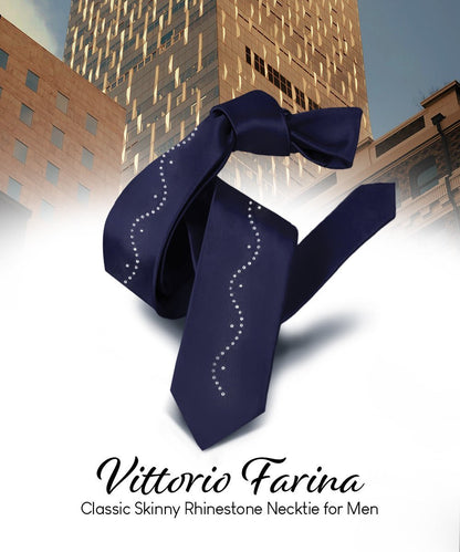 Vittorio Farina Men's Satin Skinny Necktie with Rhinestones - Navy Blue - Necktie - Vittorio Farina