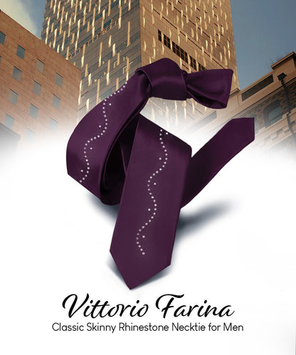 Vittorio Farina Men's Satin Skinny Necktie with Rhinestones - Plum - Necktie - Vittorio Farina