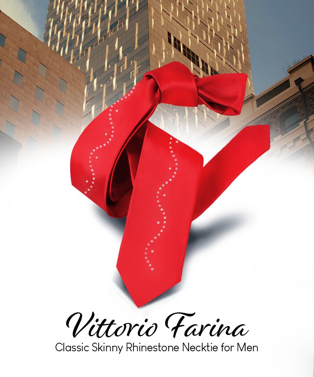 Vittorio Farina Men's Satin Skinny Necktie with Rhinestones - Red - Necktie - Vittorio Farina