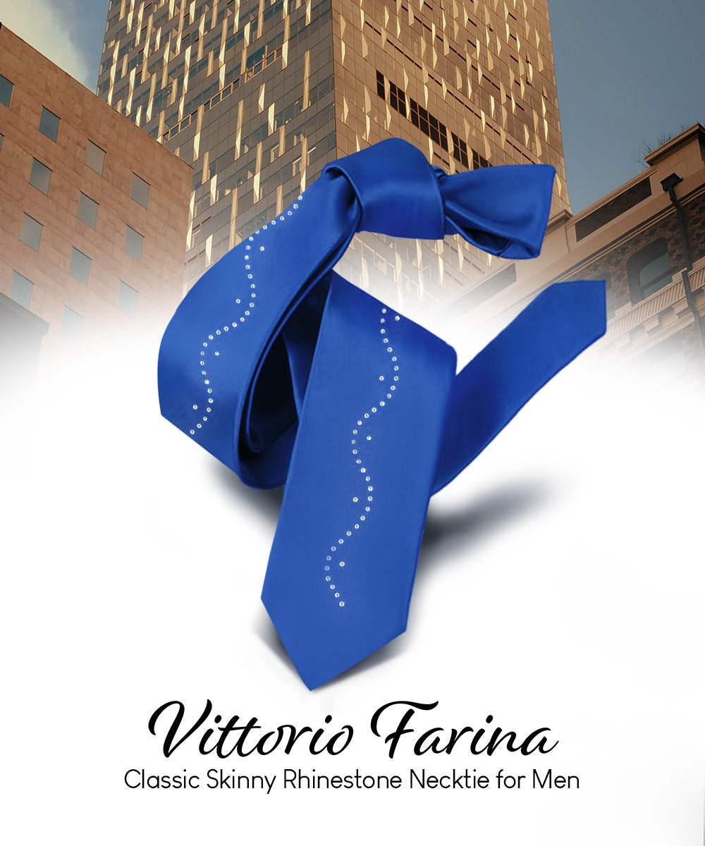 Vittorio Farina Men's Satin Skinny Necktie with Rhinestones - Royal Blue - Necktie - Vittorio Farina
