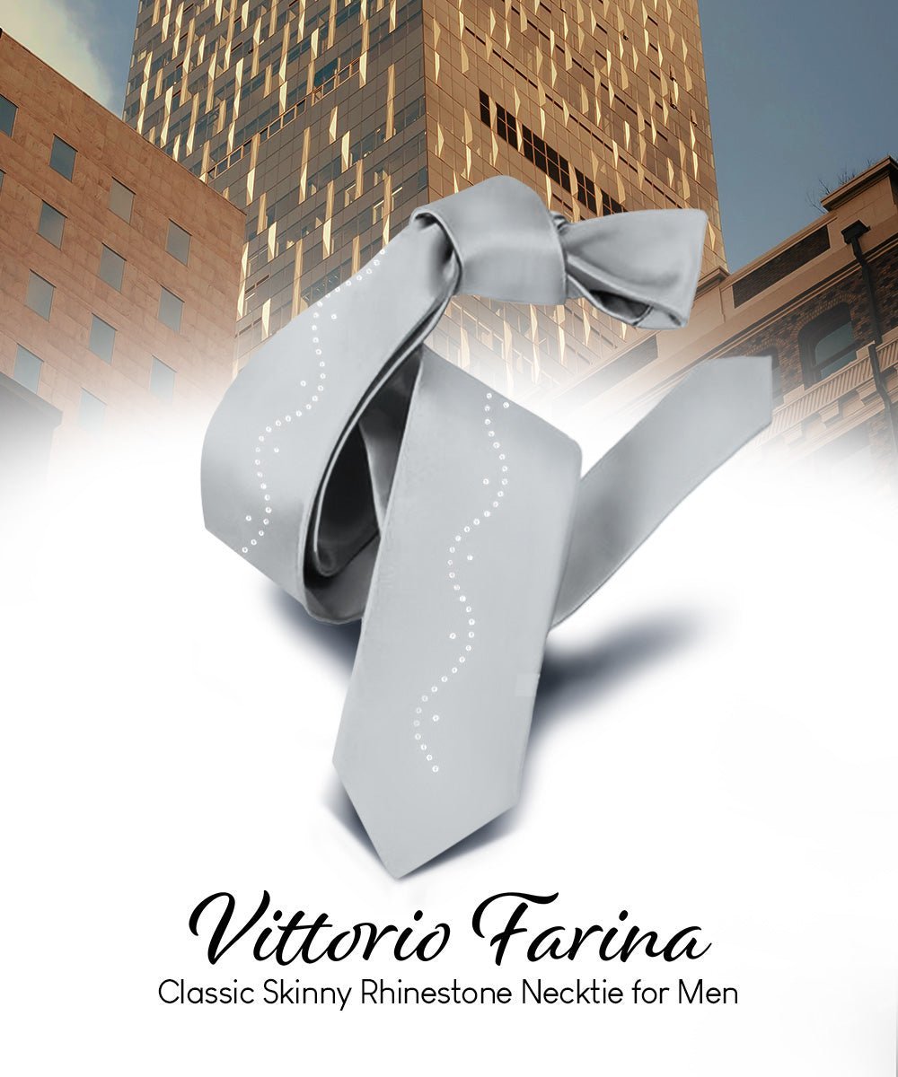 Vittorio Farina Men's Satin Skinny Necktie with Rhinestones - Silver - Necktie - Vittorio Farina