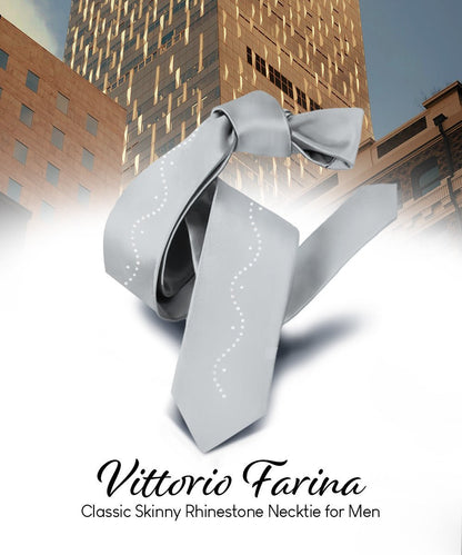 Vittorio Farina Men's Satin Skinny Necktie with Rhinestones - Silver - Necktie - Vittorio Farina