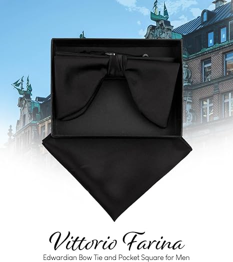 Vittorio Farina Men's Satin Teardrop Bow Tie & Pocket Square in Gift Box - Black - Bow Tie & Pocket Square - Vittorio Farina