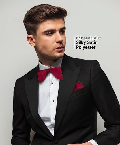 Vittorio Farina Men's Satin Teardrop Bow Tie & Pocket Square in Gift Box - Burgundy - Bow Tie & Pocket Square - Vittorio Farina
