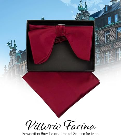 Vittorio Farina Men's Satin Teardrop Bow Tie & Pocket Square in Gift Box - Burgundy - Bow Tie & Pocket Square - Vittorio Farina